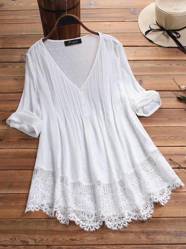 Summer Jacquard Pleated Lace Hollow V-neckFive-Point Sleeve Shirt Women