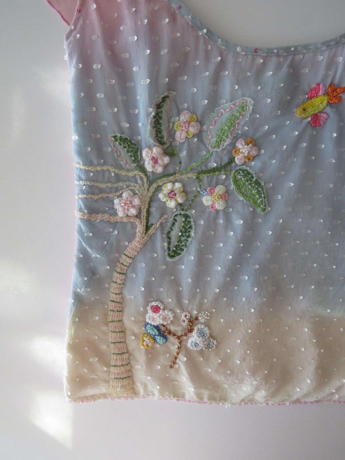 Vintage Italian Silk Blend Ombré Top, Crochet Beaded Blossom Embroidery, 2000s