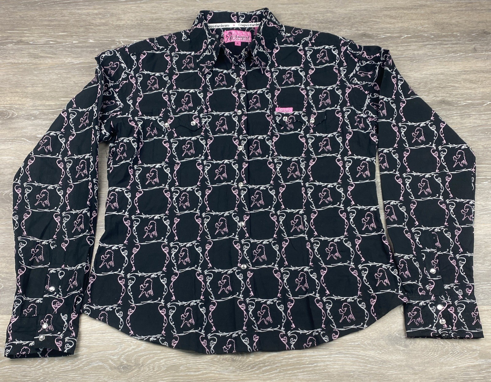 Cowgirl Hardware Pearl Snap Snap Black with Pink Horses Western Shirt XL