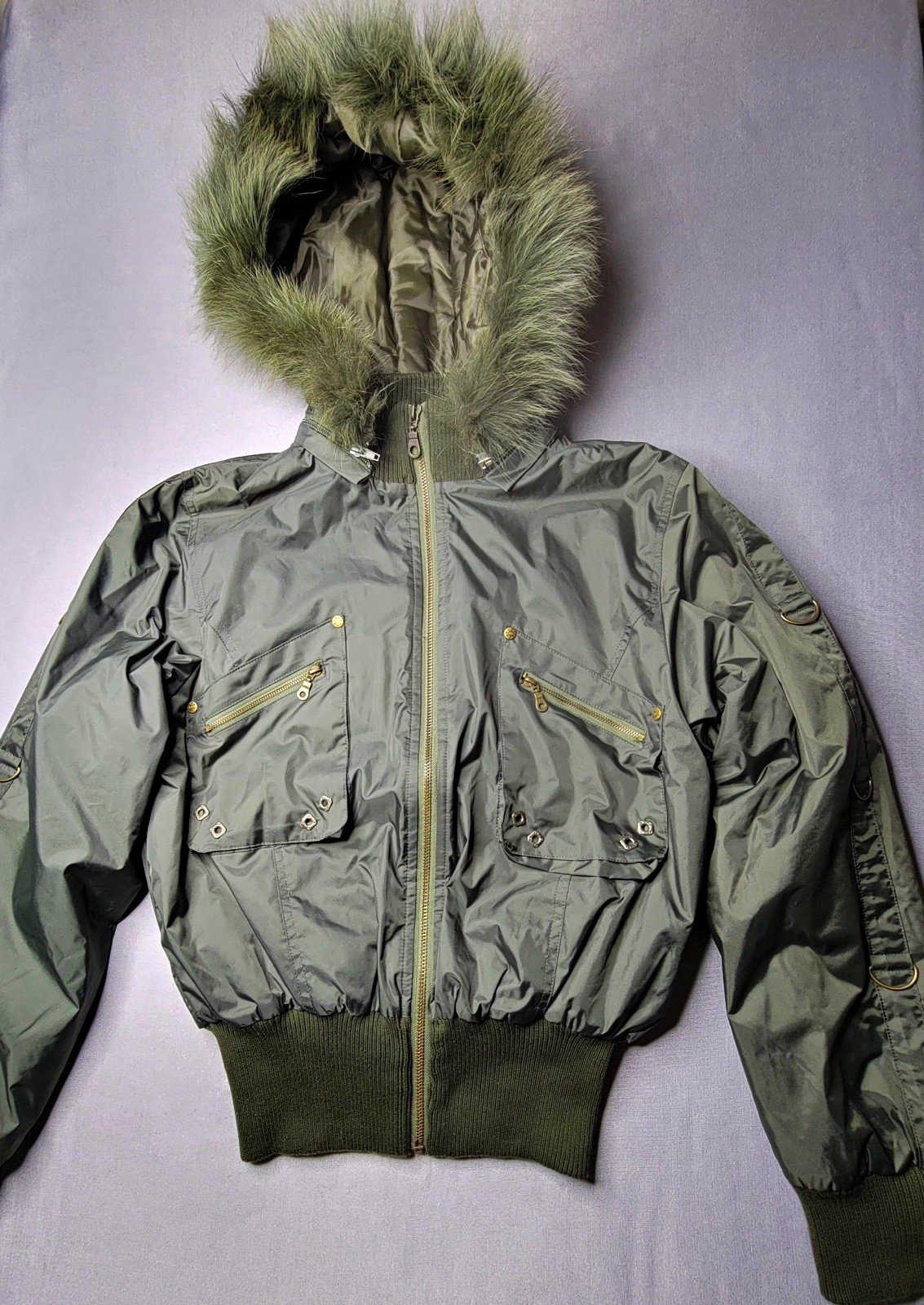 D&G woman Green Hooded Fur Trim Bomber Jacket Lined Full Zip Stand-Up 2