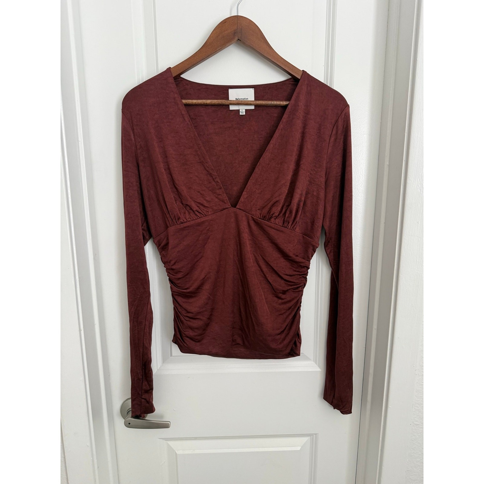 Reformation Ines Top Wine Deep V Long Sleeve Tee Size Large