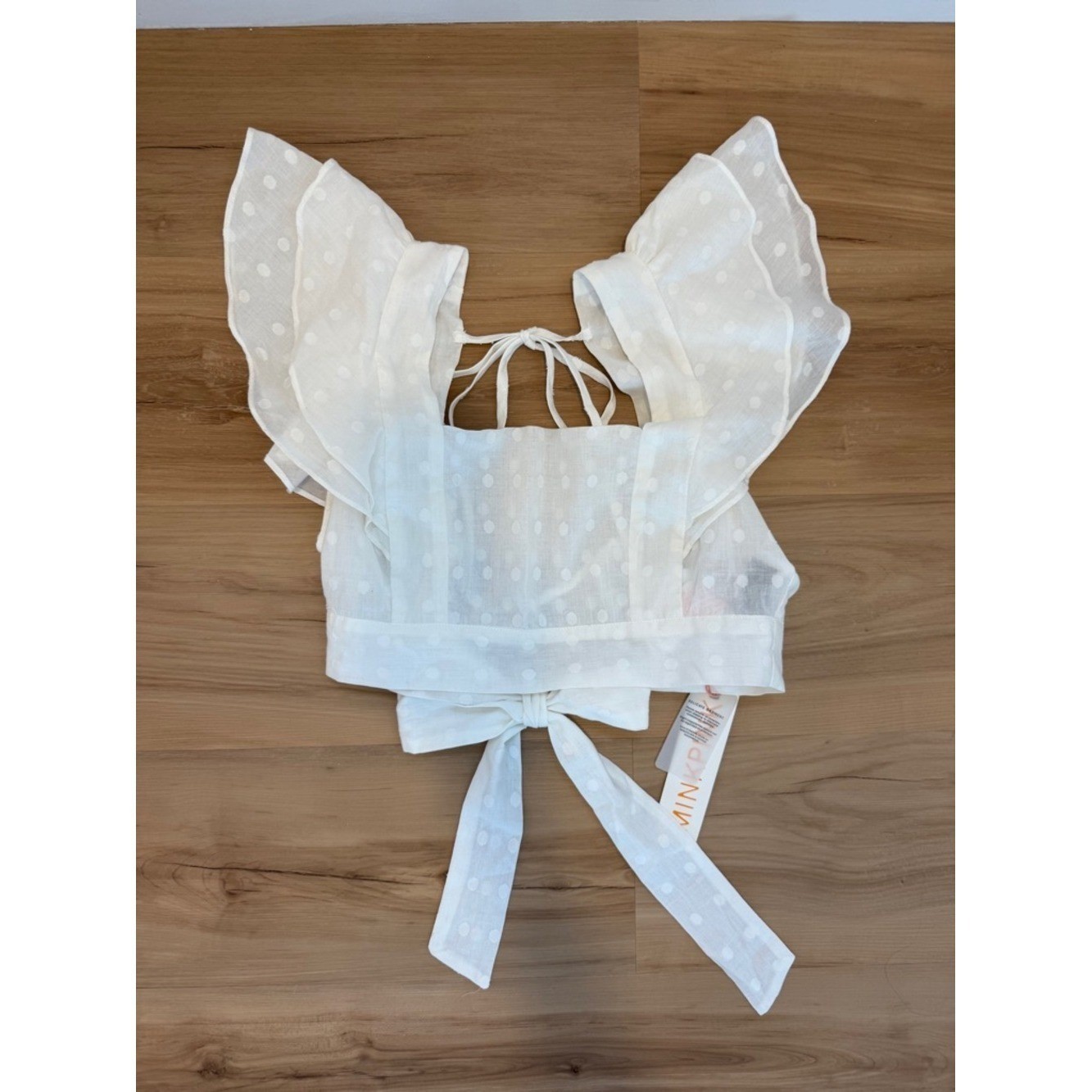 MinkPink White Flutter Sleeve Square NeckPolka Dot Crop Top- S
