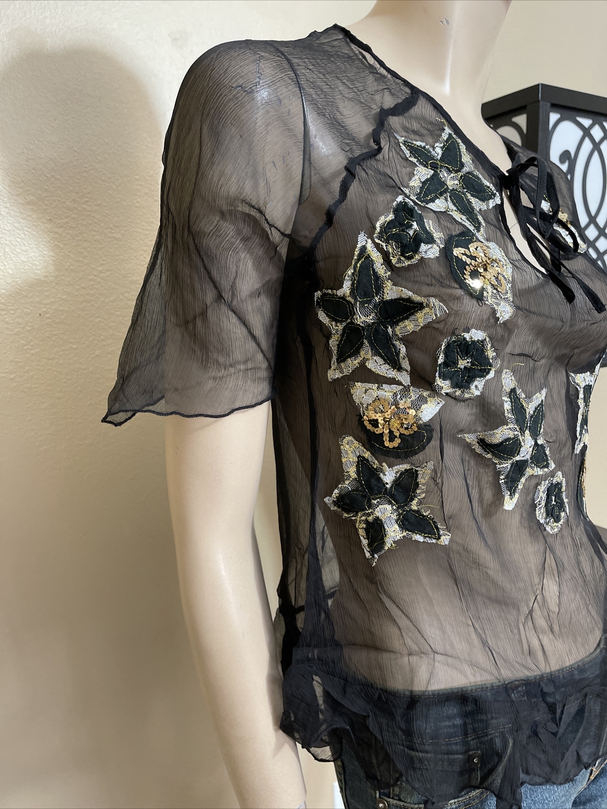 Women’s Black Silk Casual Summer Sheer Beaded Embroidered Lace Size L Blouse Top