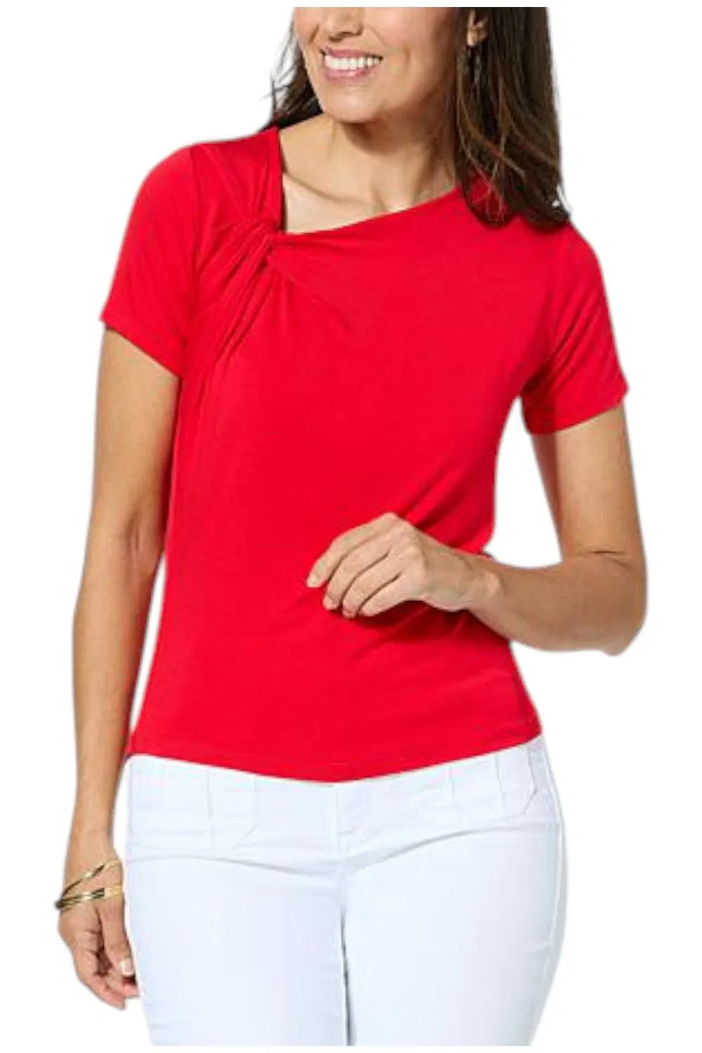 G by Giuliana Women’s Asymmetric Knotted Jersey Knit Top Lipstick Red
