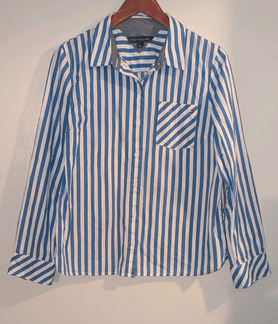 Tommy Hilfiger Blue&White Striped Boyfriend Classic Relaxed Fit Shirt Women’s M