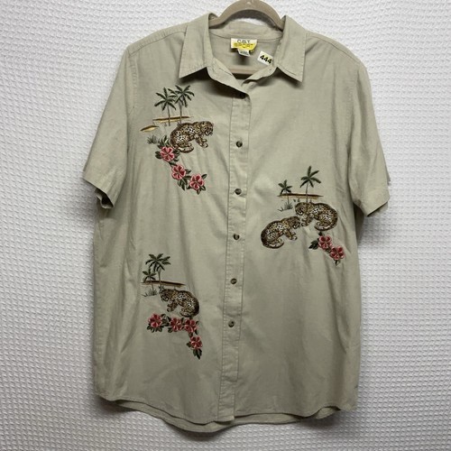 VTG C.S.T. Sport Beige Leopard Long Slv. Button Up Shirt Women 20W Macau Cotton