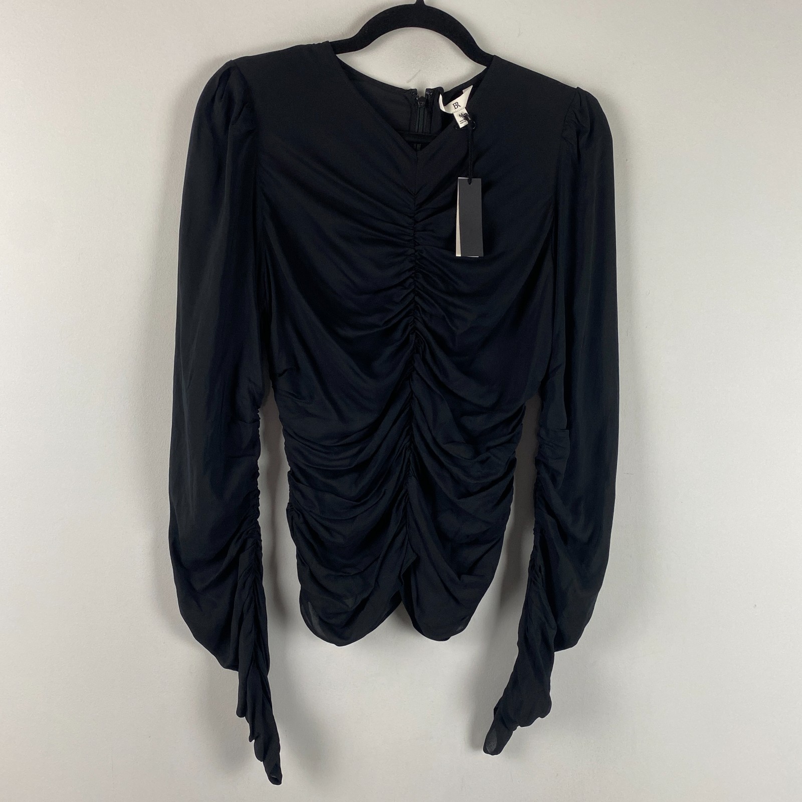 Banana Republic Crepe Stretch Ruched Top Size Medium Black Long Sleeve Fitted