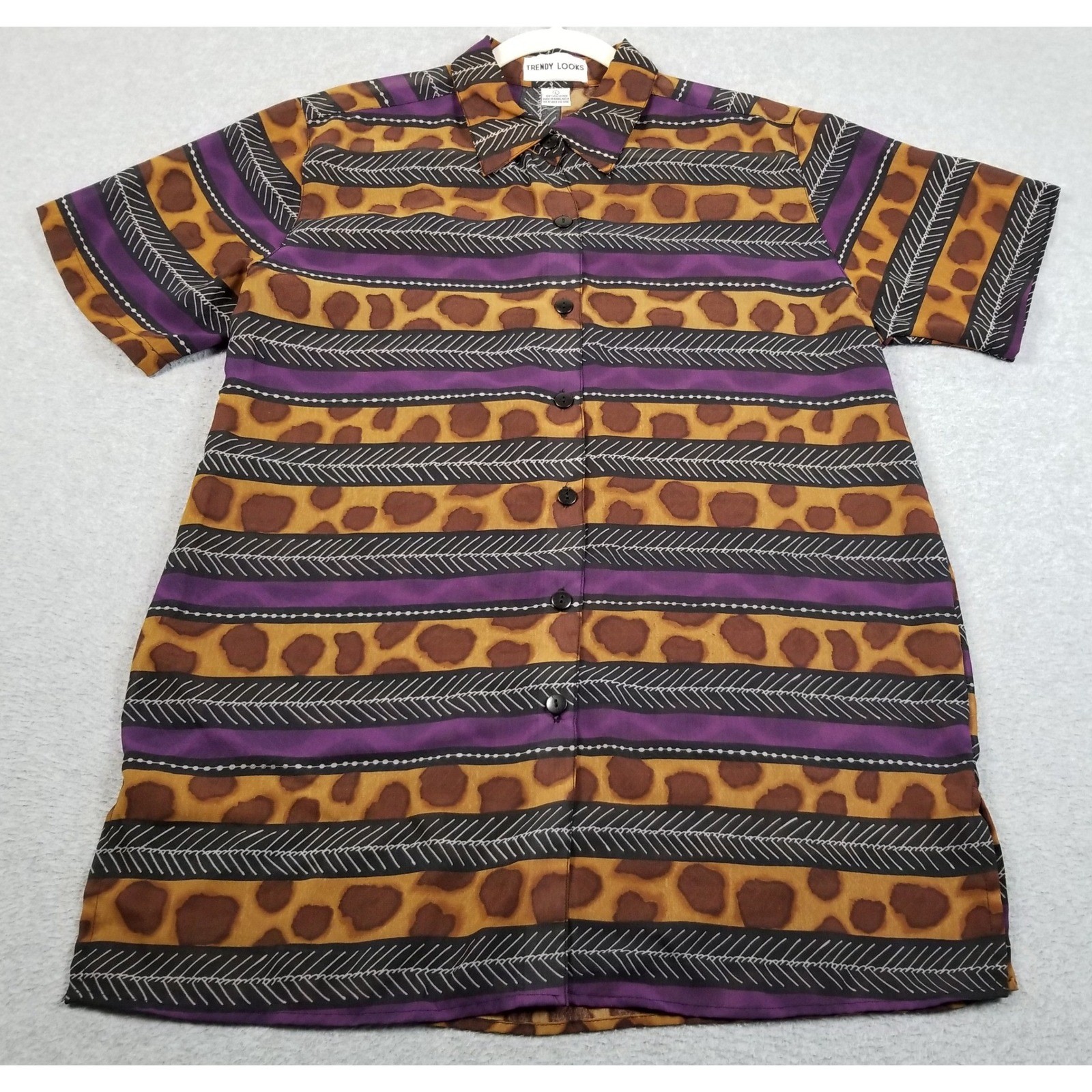 Trendy Looks Button Up Shirt Women L Large Purple Brown Leopard Stripe Sheer Top