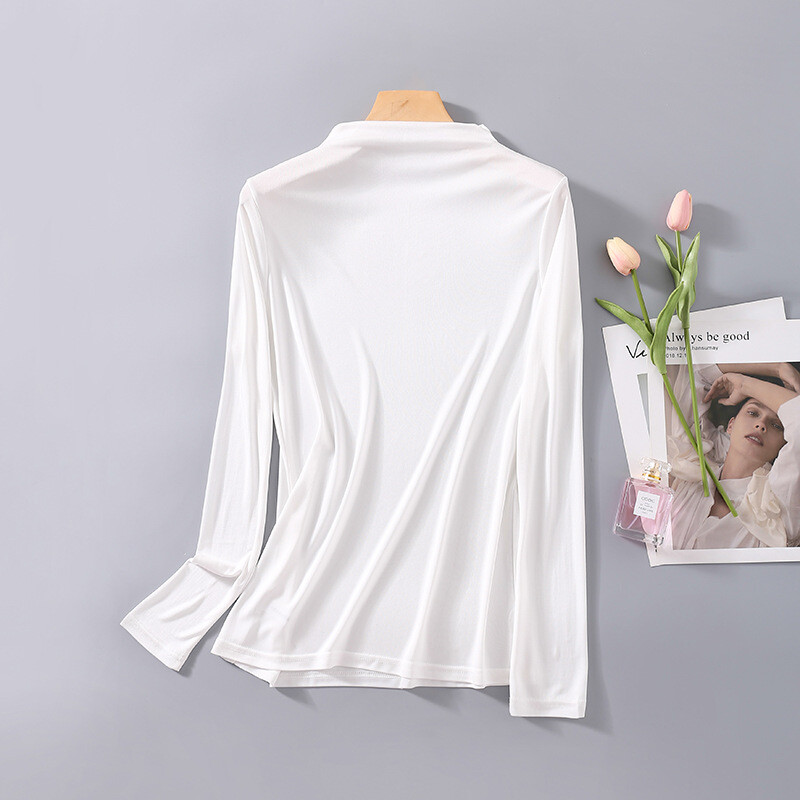 Women’s 100% Mulberry Silk Knitted Mid Neck T Shirt Undershirt Long Sleeve Top