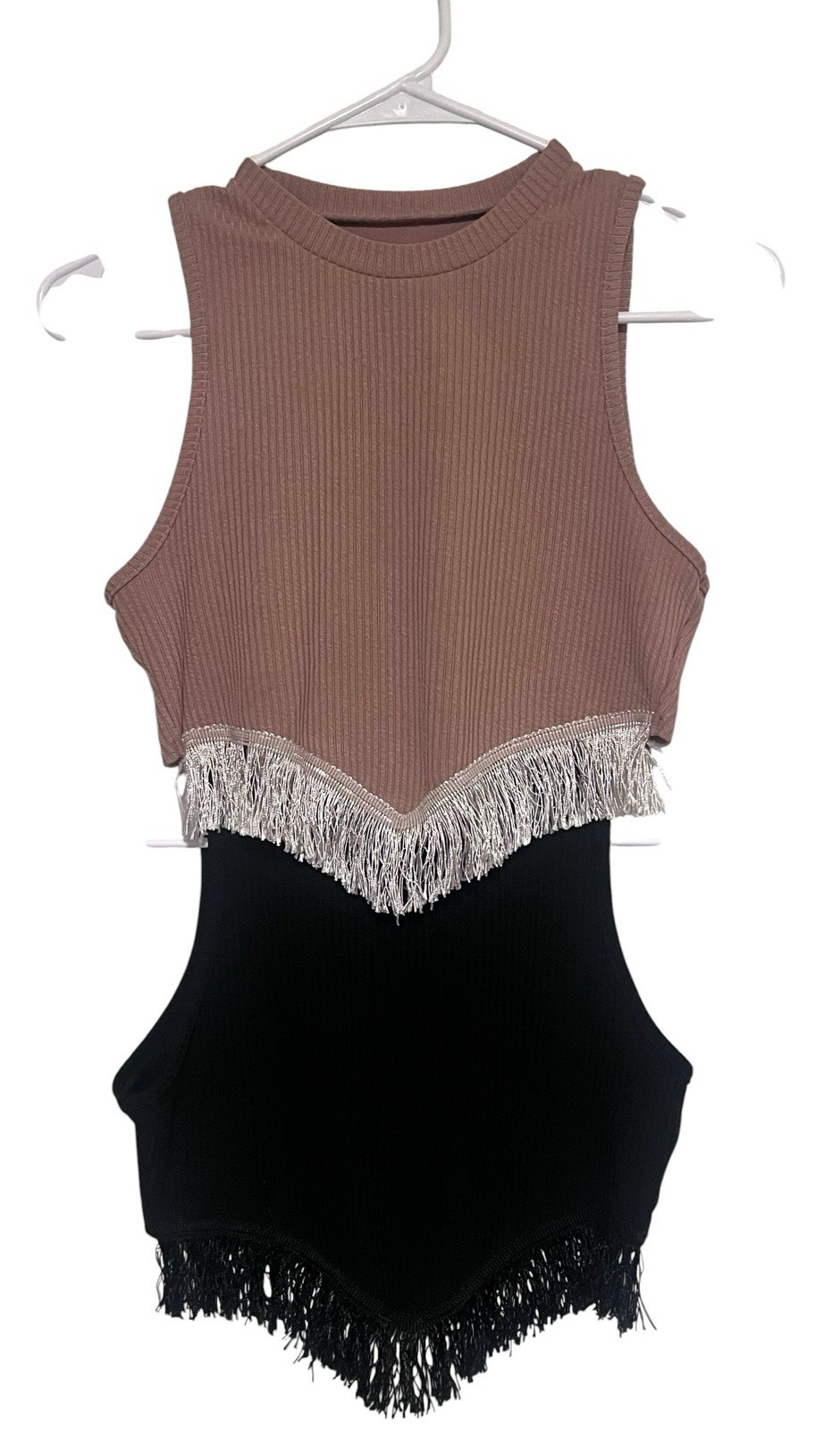 Lot of 2 SHEIN Ribbed Fringe Crop Tops Women’s Medium Black Tan Sleeveless Tanks