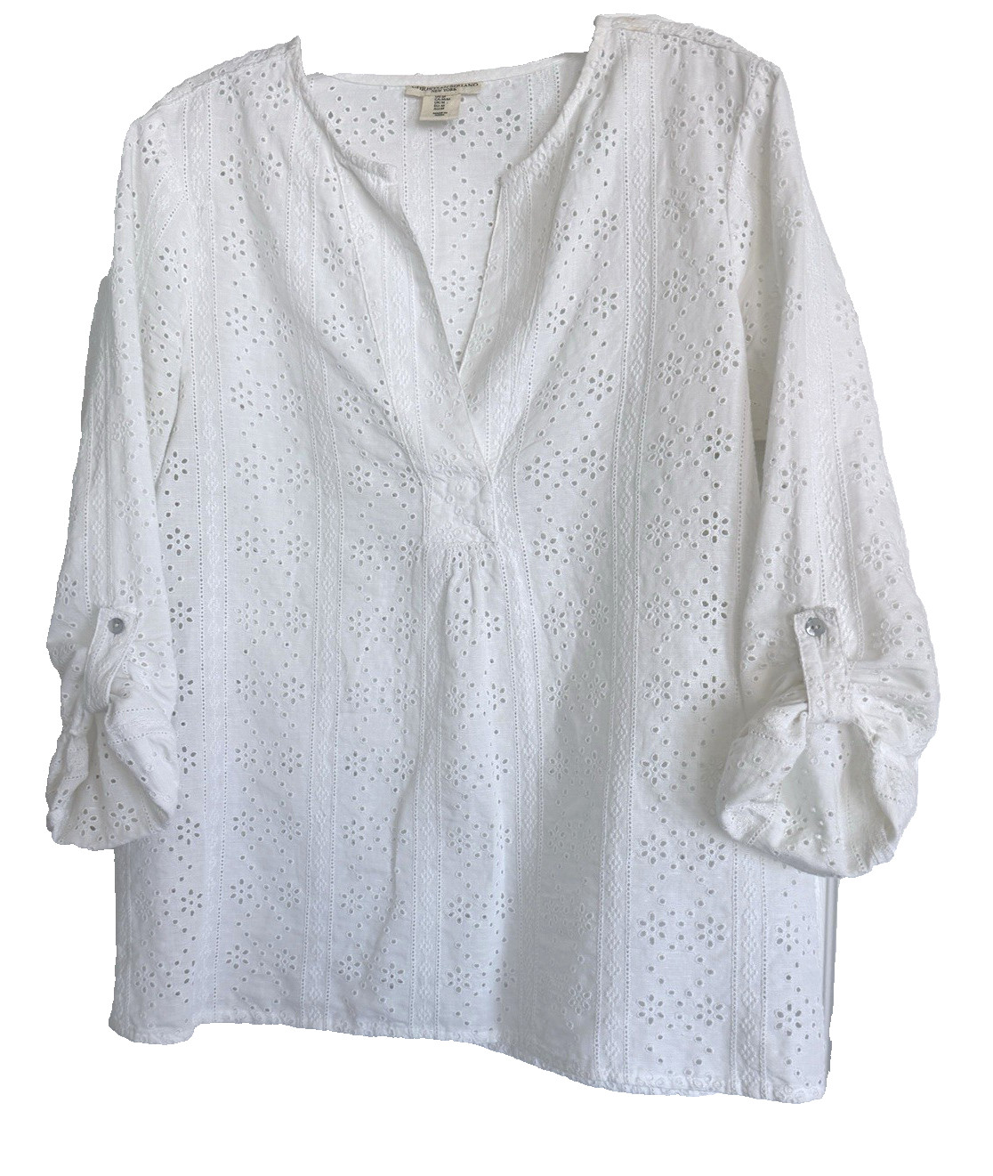 Christian Siriano white tunic top eyelet lace roll tab sleeve V linen blend – M