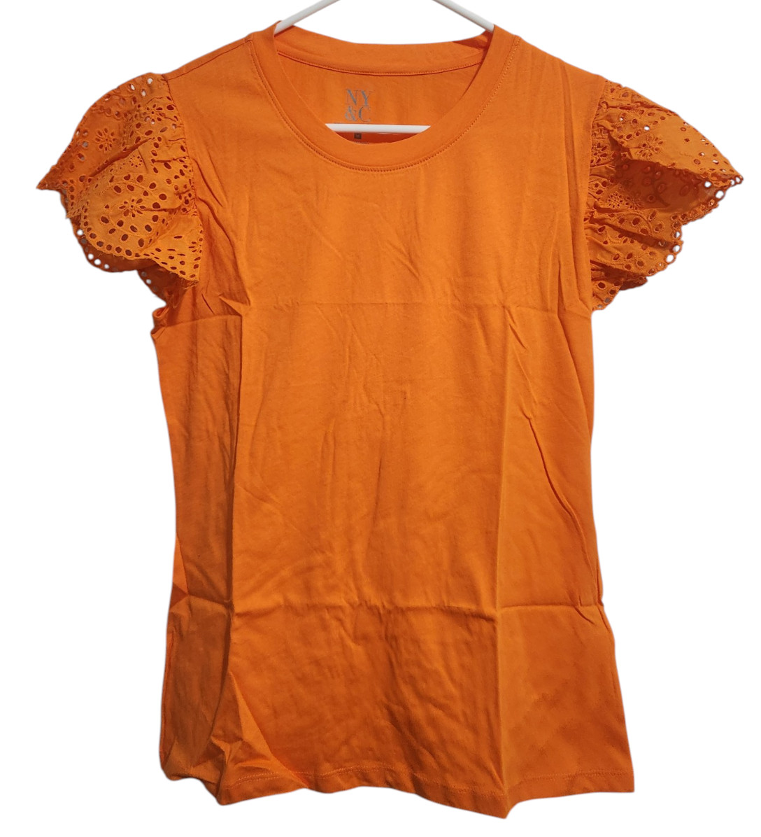 New York & Company NY&C Womens M T-Shirt Lace Floral Short Sleeve Top Orange