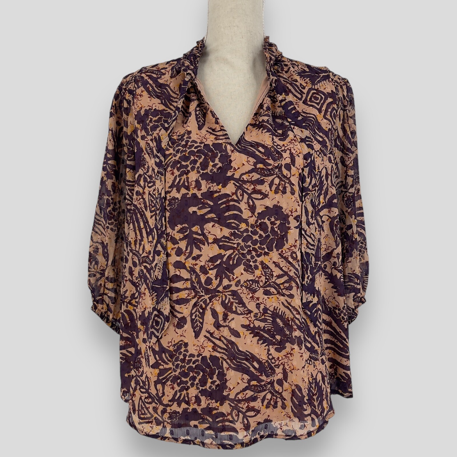 Joie Blouse Womens Medium 3/4 Sleeve Tropical Floral Casual Career Tie Neck