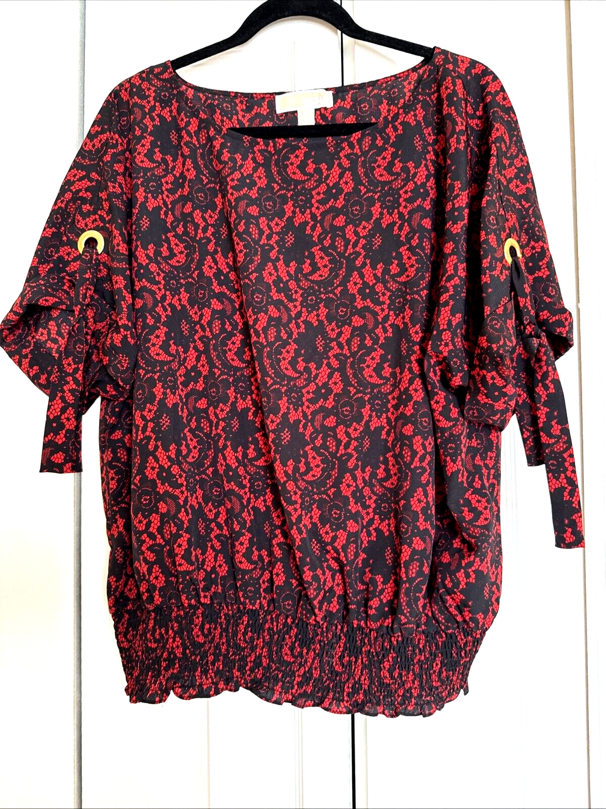 MICHAEL KORS~RED/BLACK~FLORAL~SHORT SLEEVES~ELASTIC BOTTOM~PULL-ON BLOUSE Sz 1X
