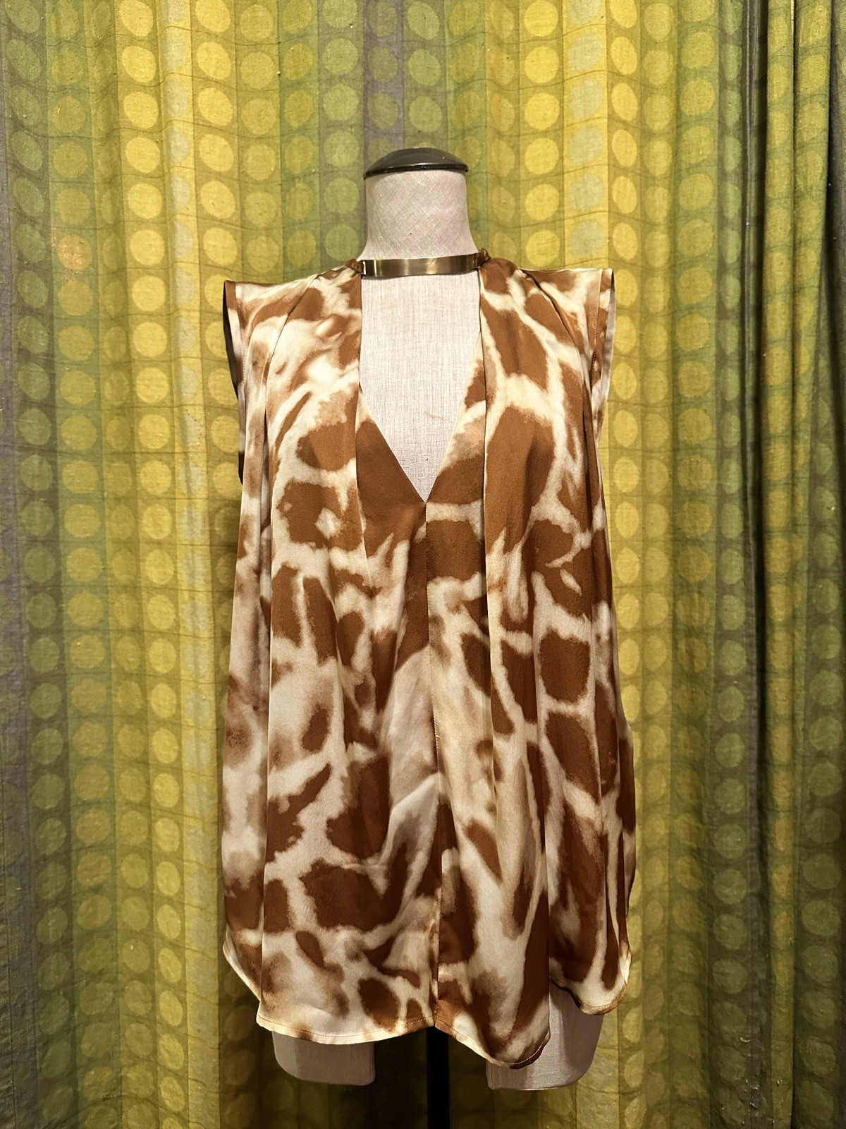 Y2K NWT PLEIN SUD Brown Silk Giraffe Print Metal Collar Sleeveless Blouse M