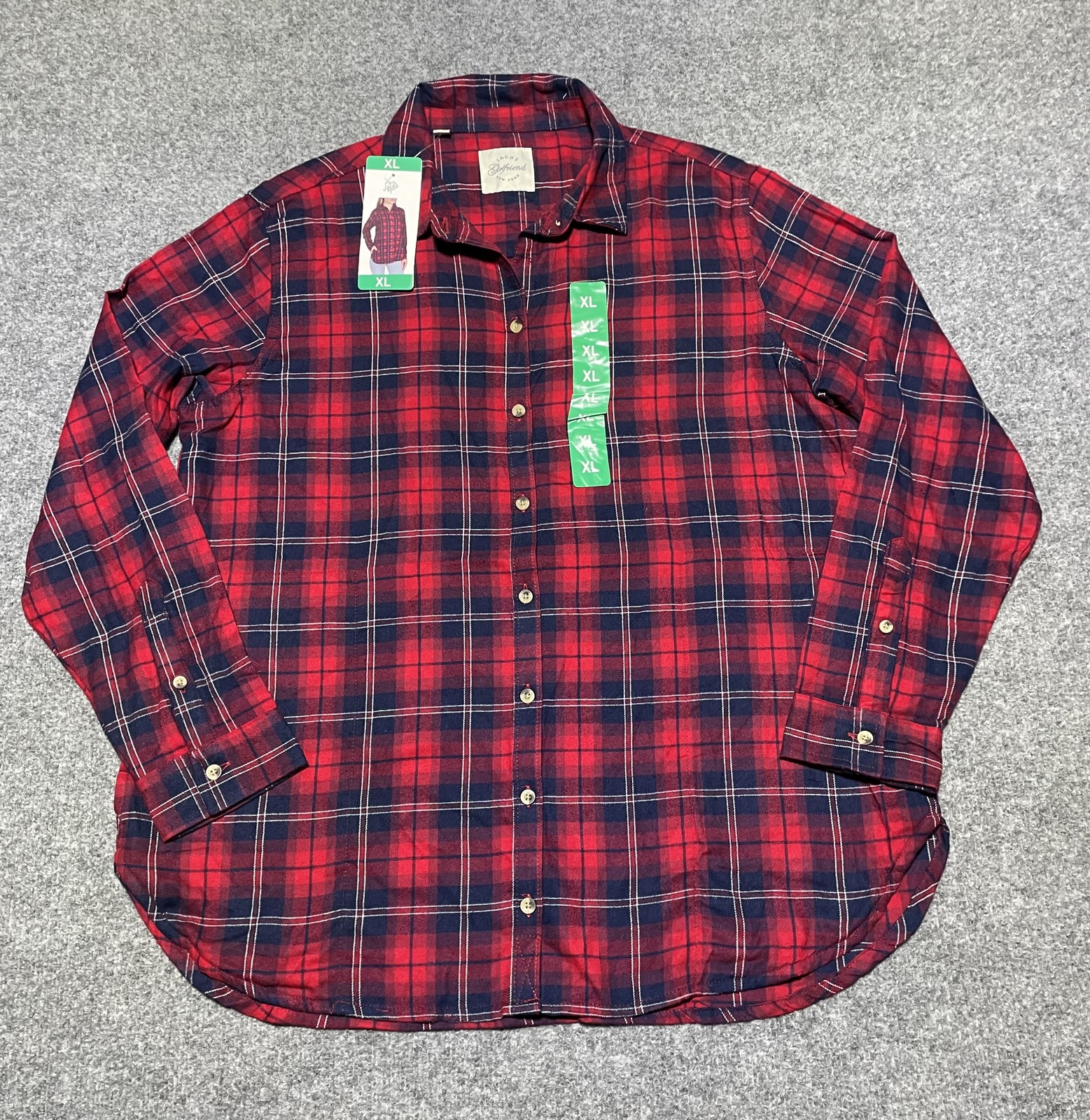 JACHS Girlfriend Women’s Red Navy Plaid Button Down Flannel Shirt Top XL New