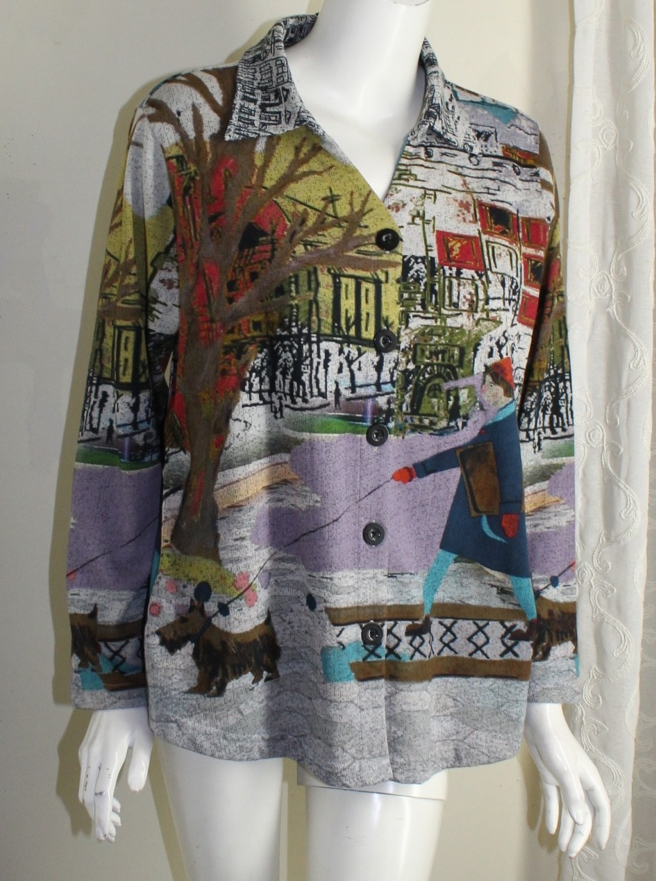 Parsley & Sage Sz M HUMAN WITH DOG 30s PRINT CITY Nyc Philly Blouse Shirt Top