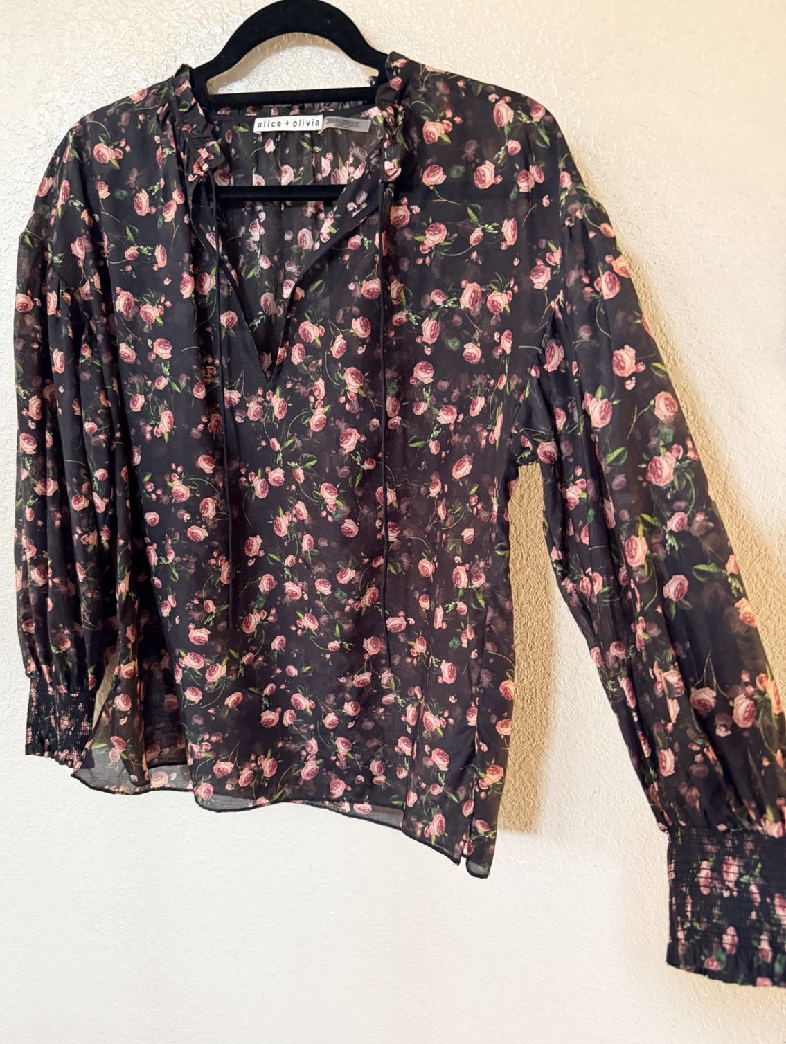 New Alice + Olivia Julius Floral Silk Blend Voile Blouse In Black Multi S $395
