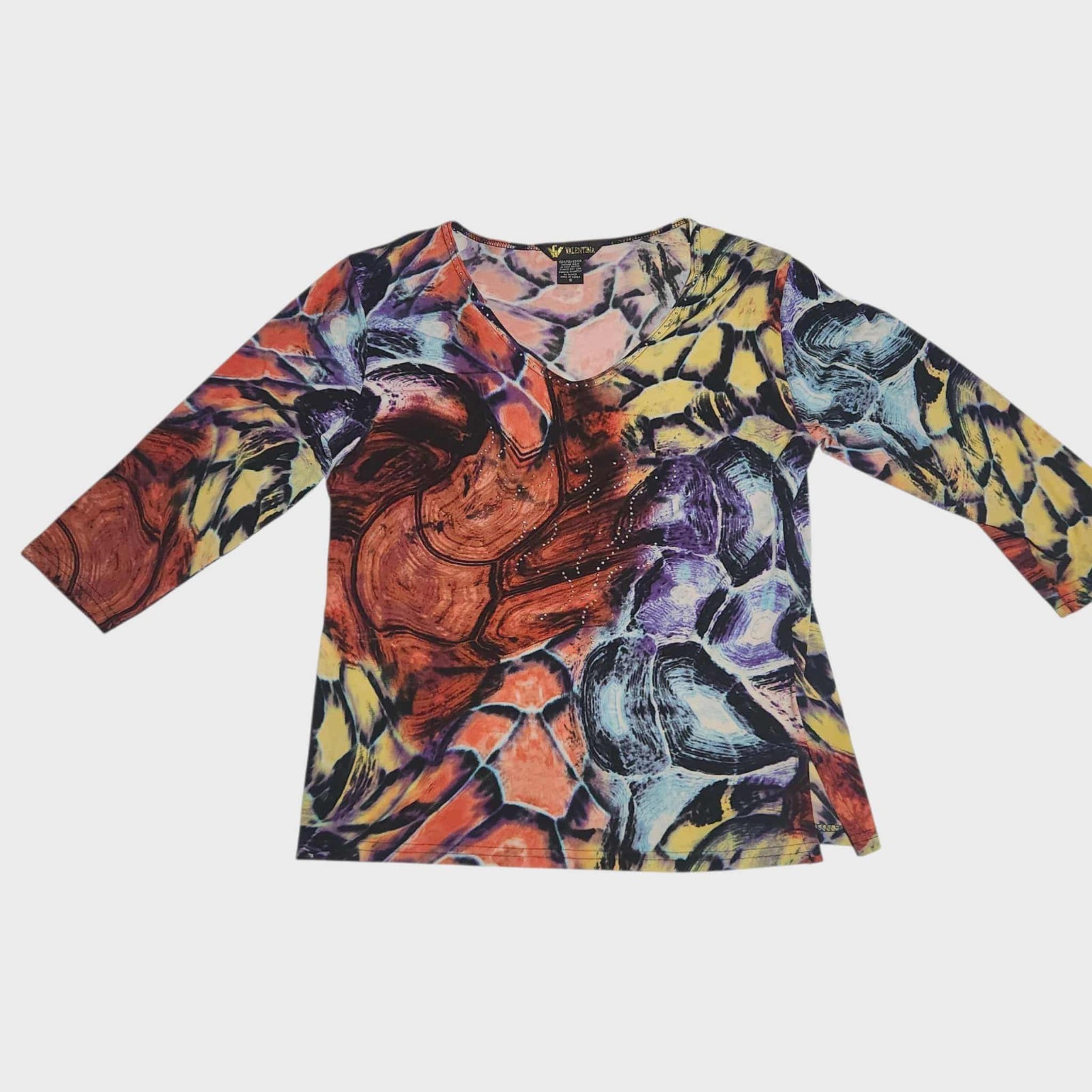 Valentina Abstract Top Colorful Rhinestones Stretchy Artsy 3/4 Sleeves Small