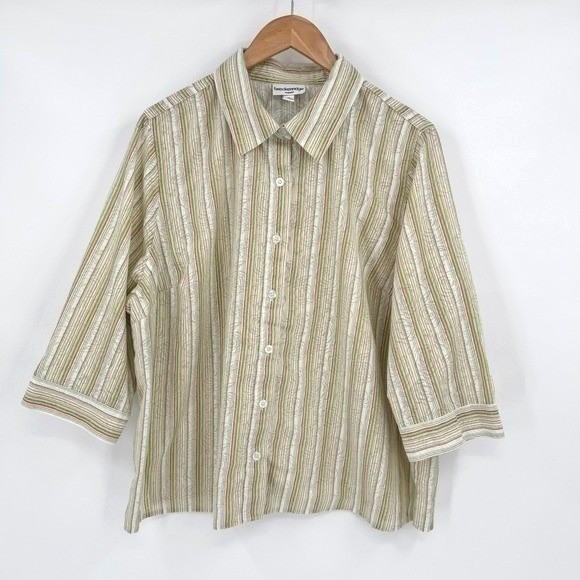 Breckenridge Green/Pink Striped Floral Button Up 3/4 Sleeve Blouse Women’s 2X