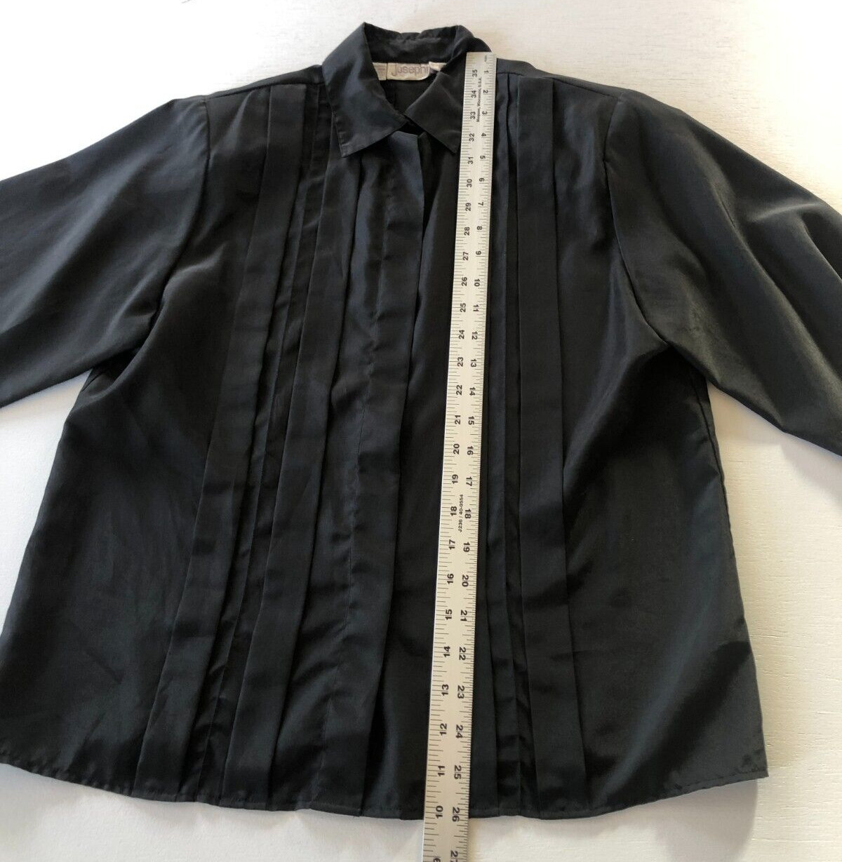 vtg JOSEPHINE Classic Black Pleated Blouse Sz 10 Blind Button Blouson Sleeves