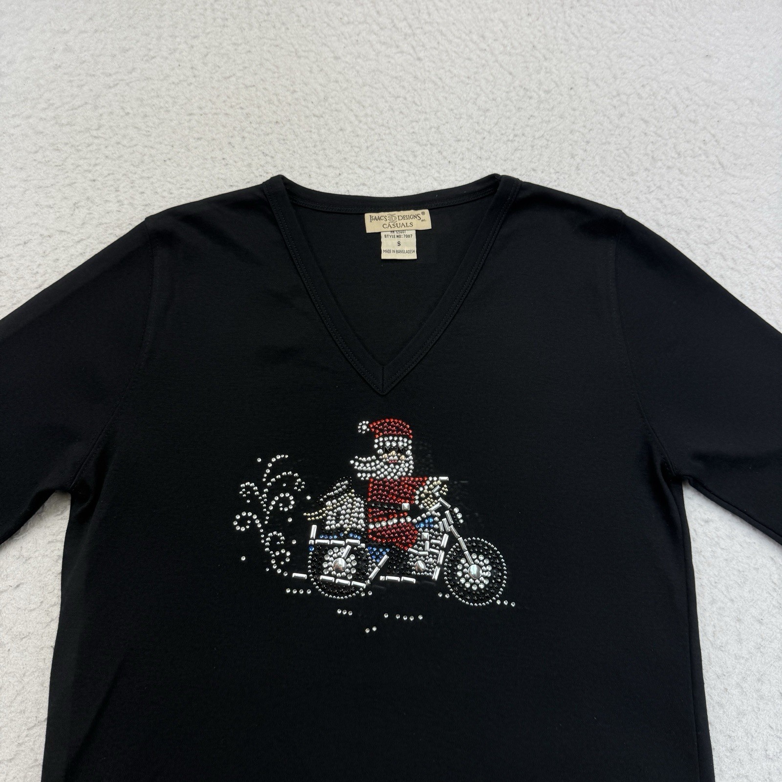 Christmas Shirt Womens Small S Black Biker Santa Claus Motorcycle Rhinestones