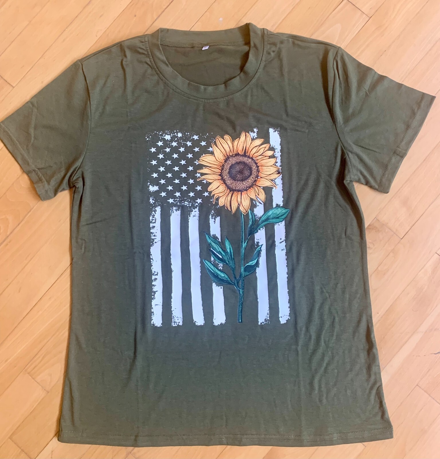 American USA Flag Green Tee T Shirt Top Sunflower Size Sz Women Large L 12 14 W