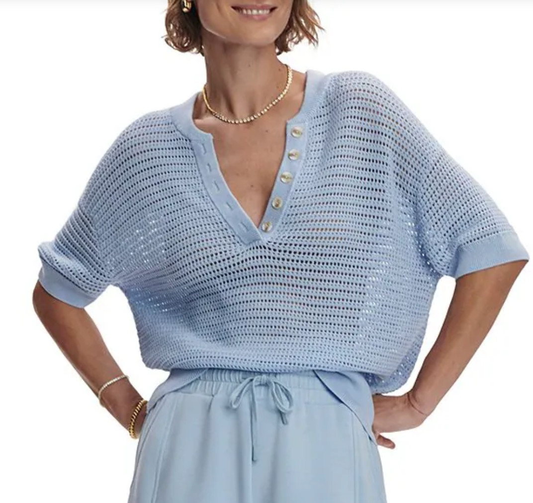 New Varley Callie Knit Boxy Split V-Neck Short Sleeve Top Knit Sweater Blue XL