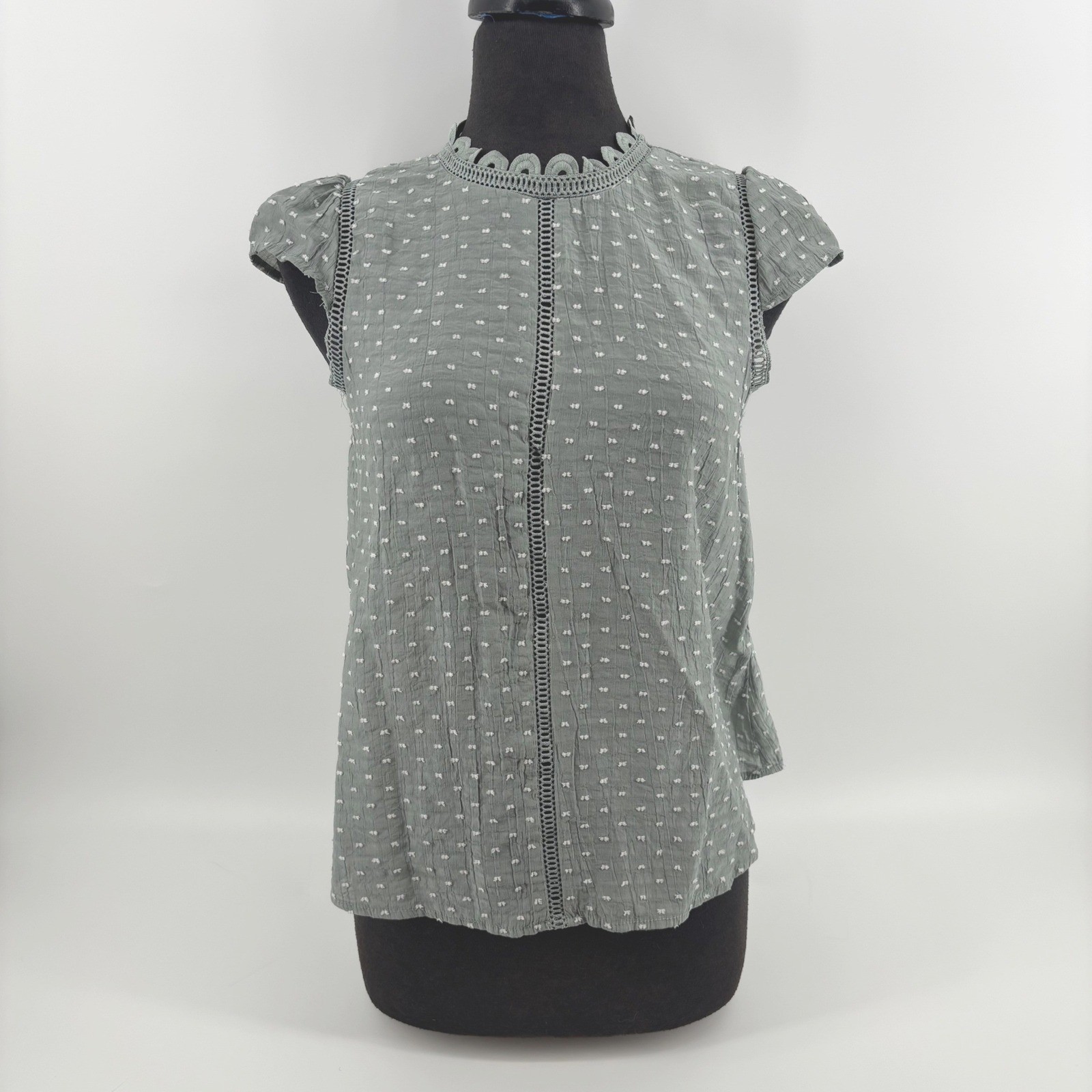 Mine Sage Green Swiss Dot Crochet Lace Trim Cap Sleeve Blouse Medium