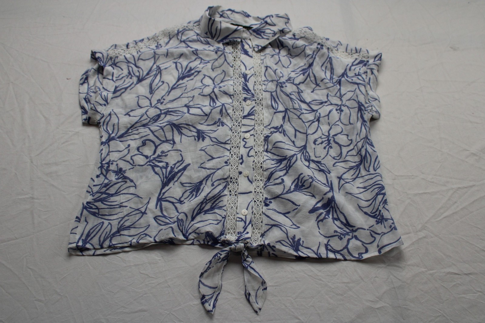 Fred David Women’s Floral Print Tie-Front Blouse JK5 Blue/White Size XL NWT