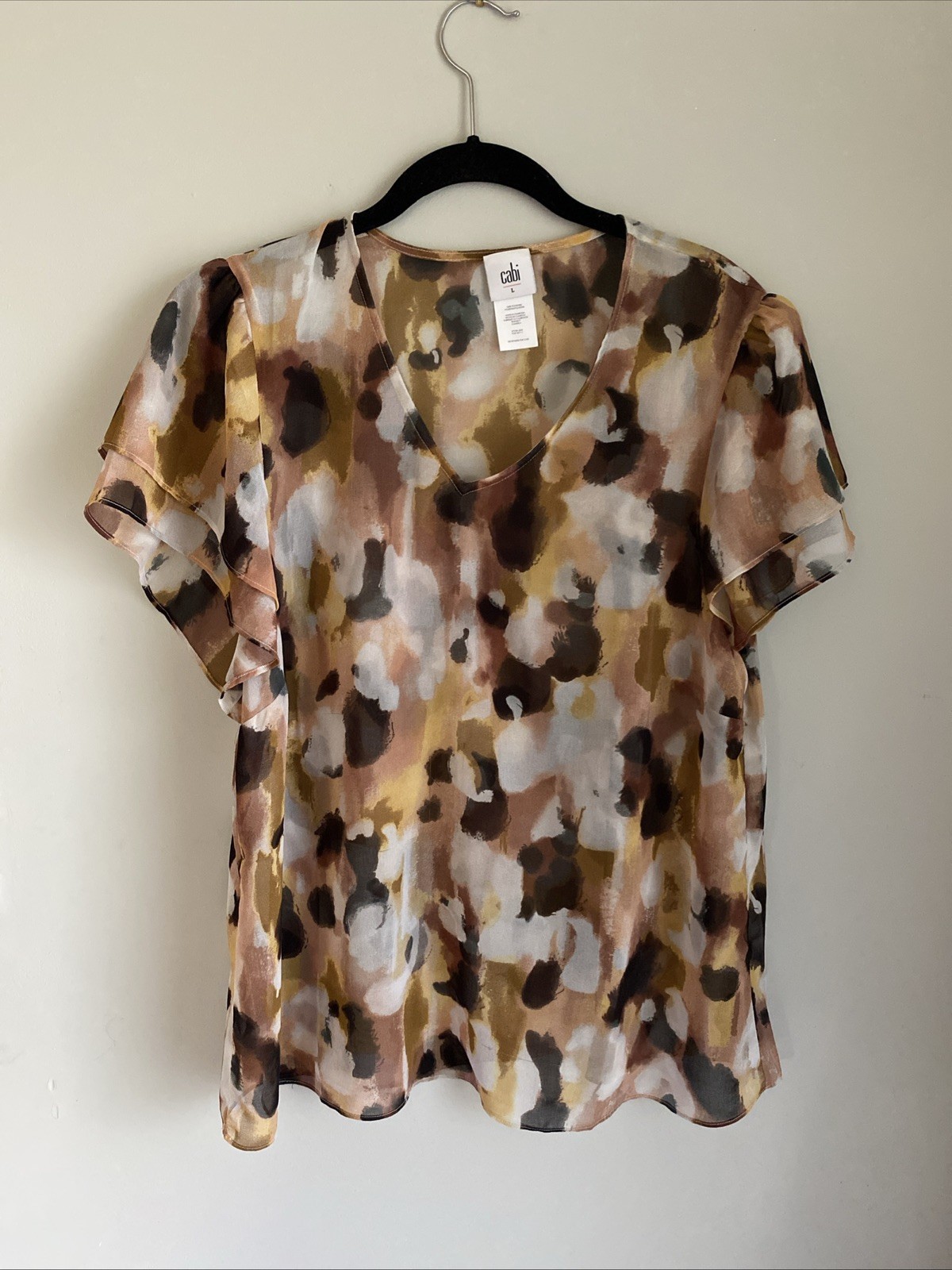 Cabi Blouse Style 4344 Sz L Top Flutter Sleeve Semi Sheer Artsy Feminine Boho