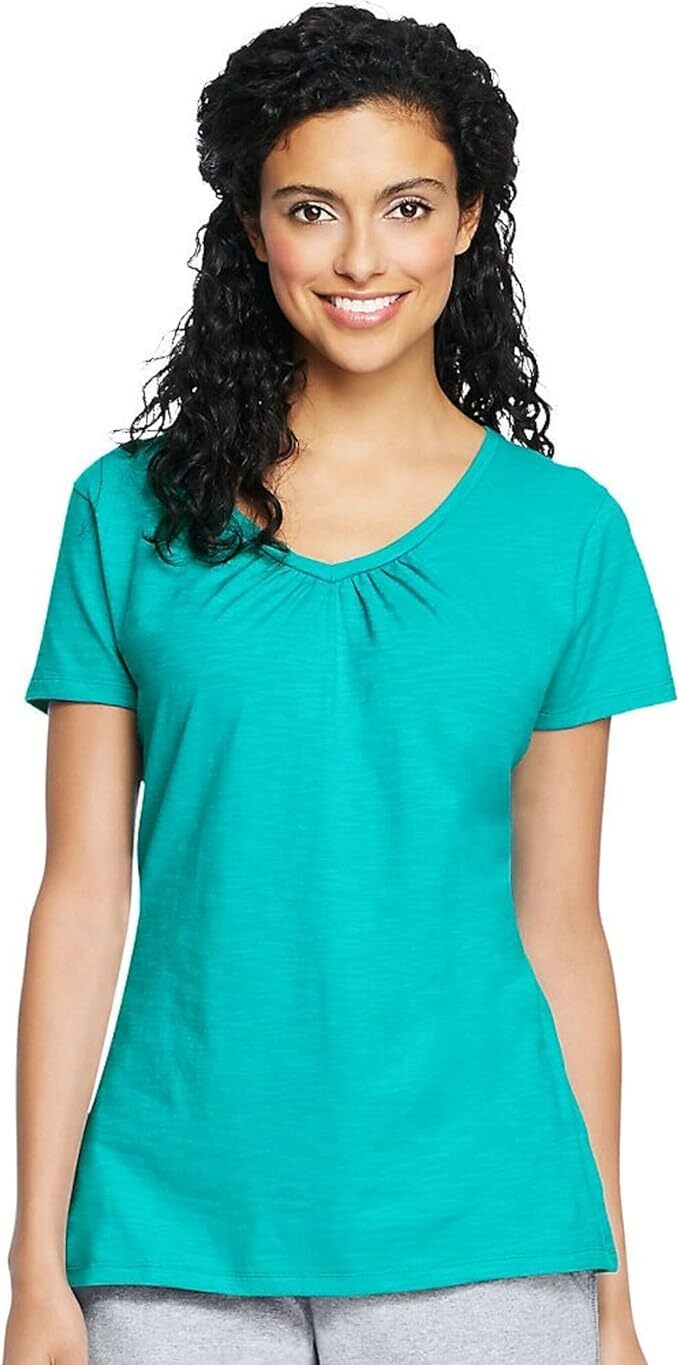 Hanes Shirred V-Neck Shirt Tee Women’s Slub Jersey Light Cotton soft Pre Shrunk