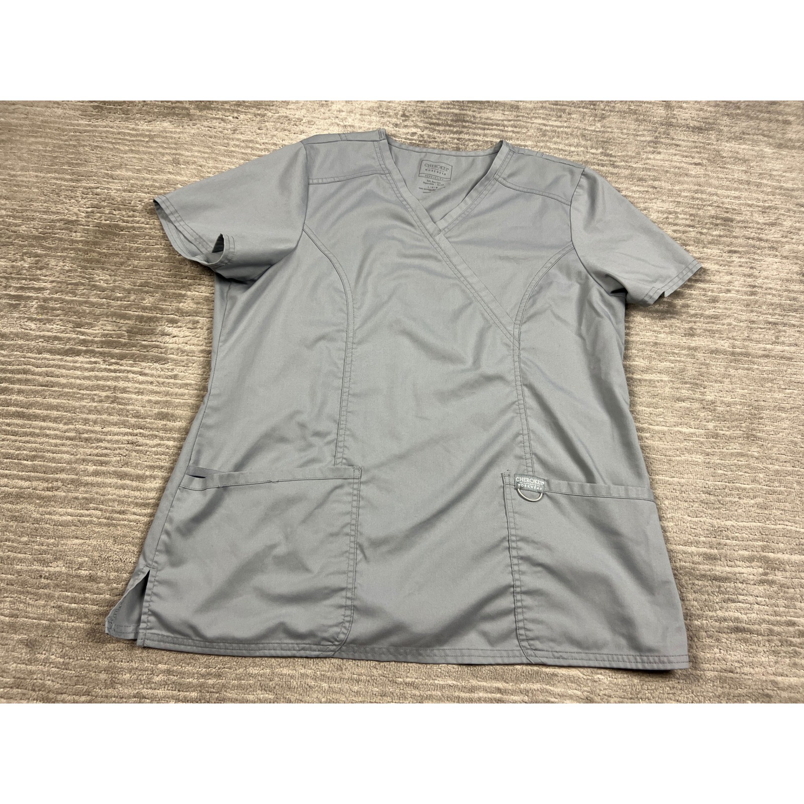 Cherokee Scrub Top Womens Large Grey Revolution Mock Wrap WW610 V-Neck Stretch