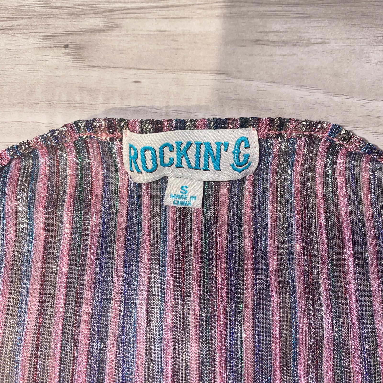 Rockin’ C Womens Multicolor Metallic Sheer Striped V-Neck Blouse Top Size Small