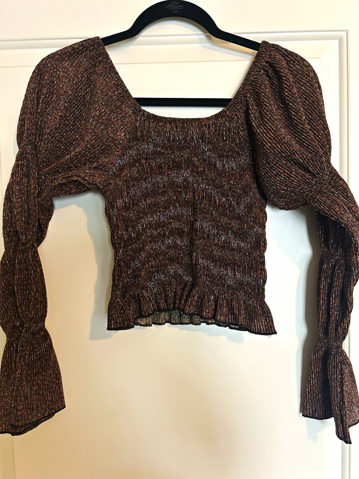 Anthropologie Bishop Shimmer Smocked Top Womens XS Metallic Puff-sleeve