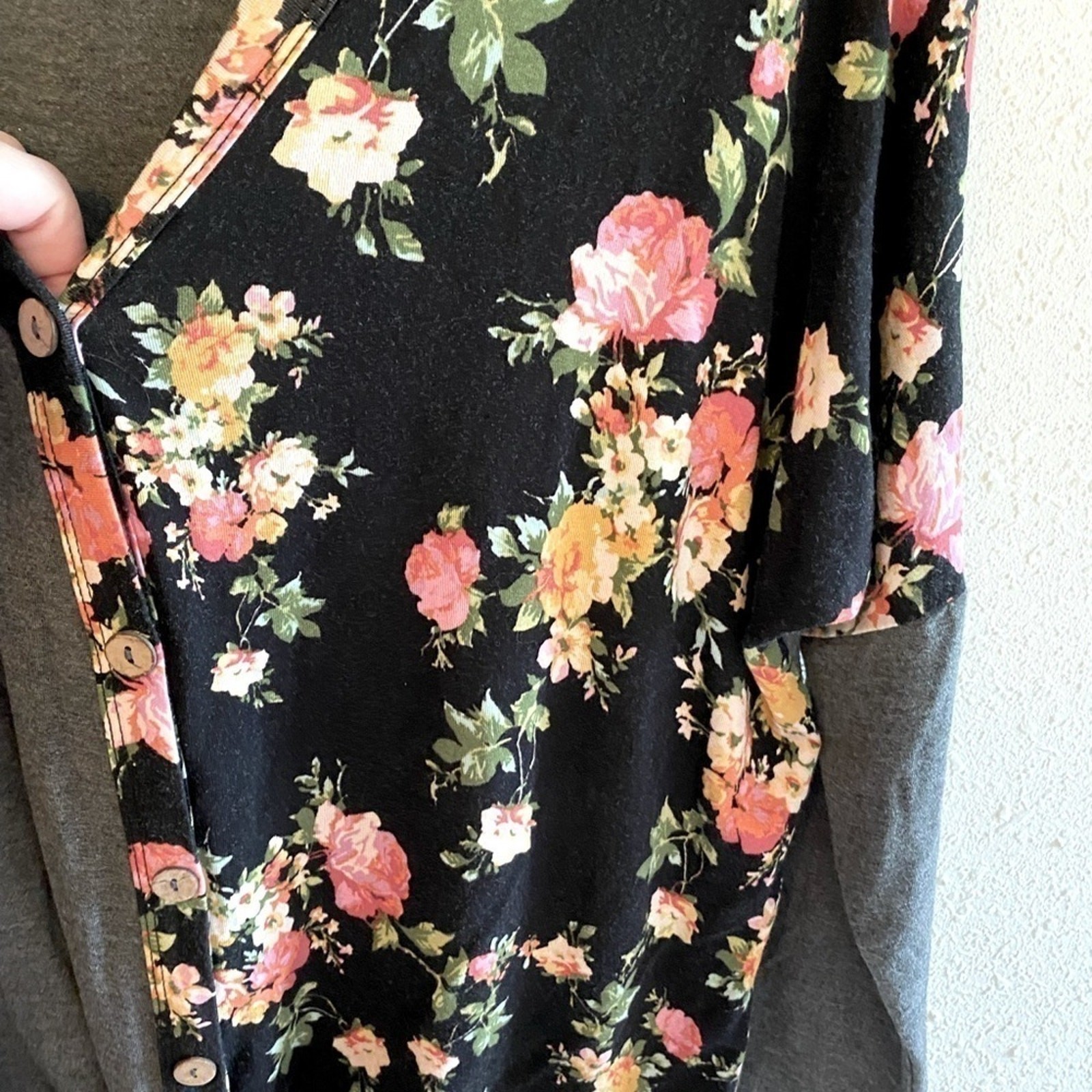 Oddy Grey Black Long Sleeve Floral Print Oversized V-Neck Soft Stretchy Top S
