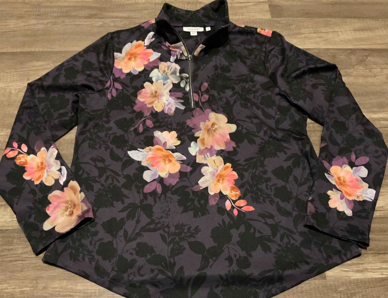 CHICO WOMENS FLORAL QUARTER ZIP LONG MOCK NECK JACKET (SIZE M) BLACK