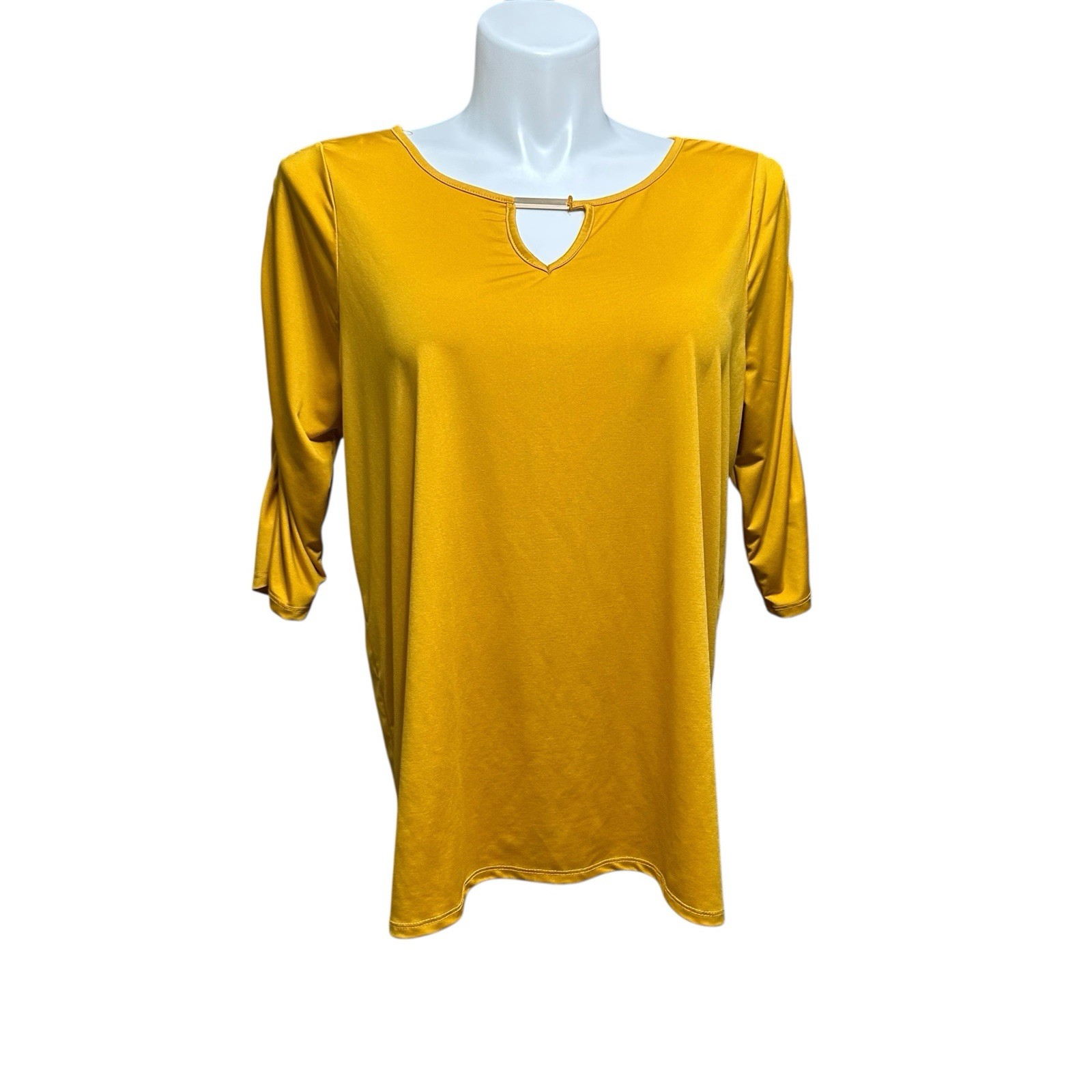 Inner Circle Women’s Plus 2X Top Yellow 3/4 Ruched Sleeve Stretch Pullover Shirt