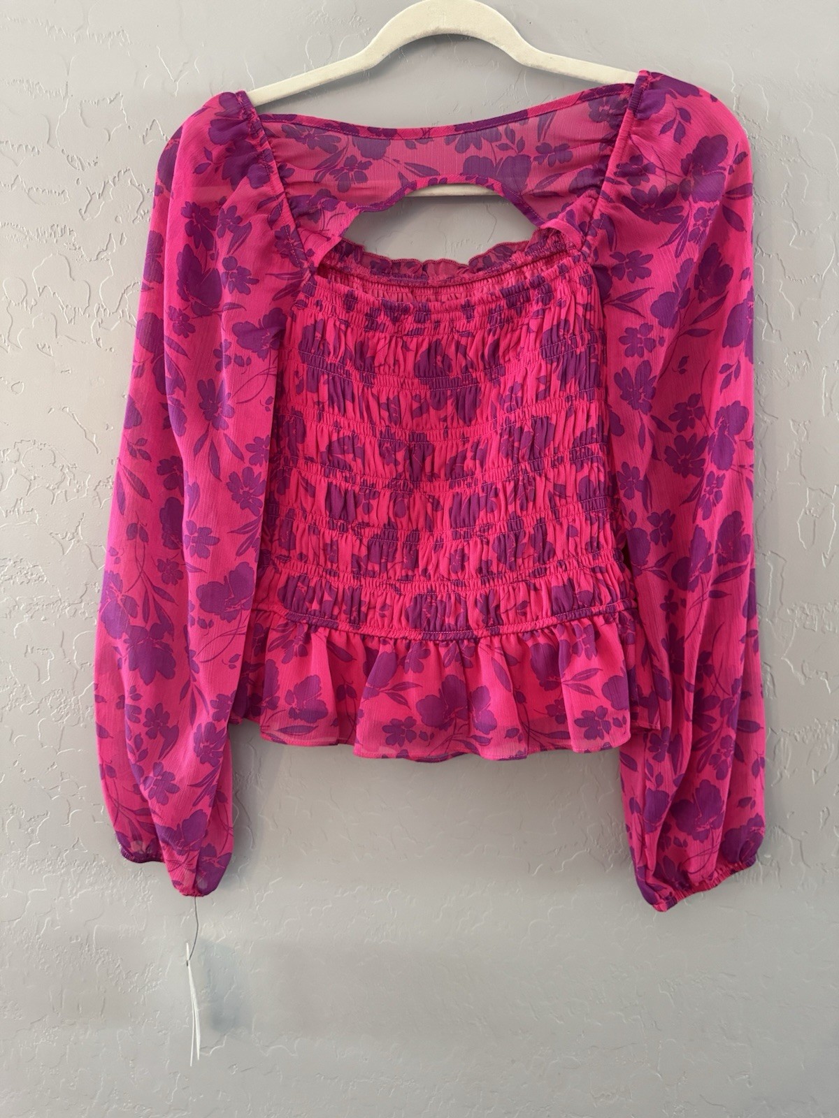 Hot Pink Floral Smocked Peplum Top Puff Sleeve Cottagecore Boho Blouse Sz S NWT