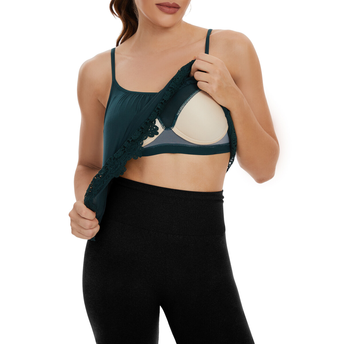 Women Built in Bra Cup Comfy Casual Flowy Relaxed Swing Pleated Lace Cami Vest