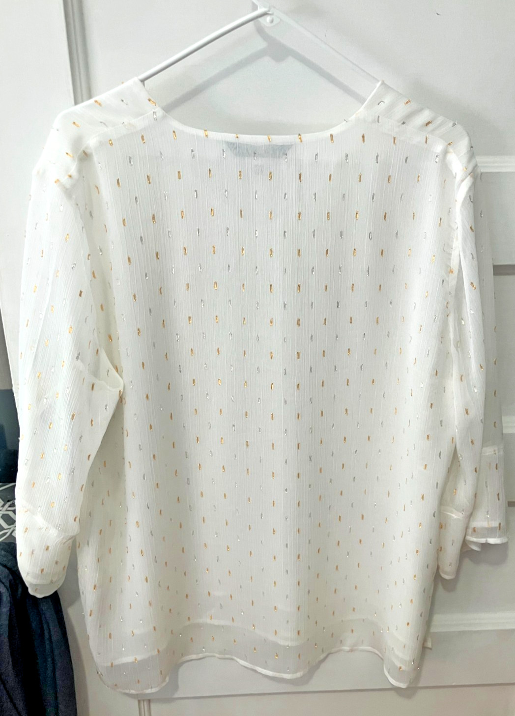 Ming Wang Womens L Clothing Blouse Top 3/4 Sleeve V-Neck cream ivory gold silver
