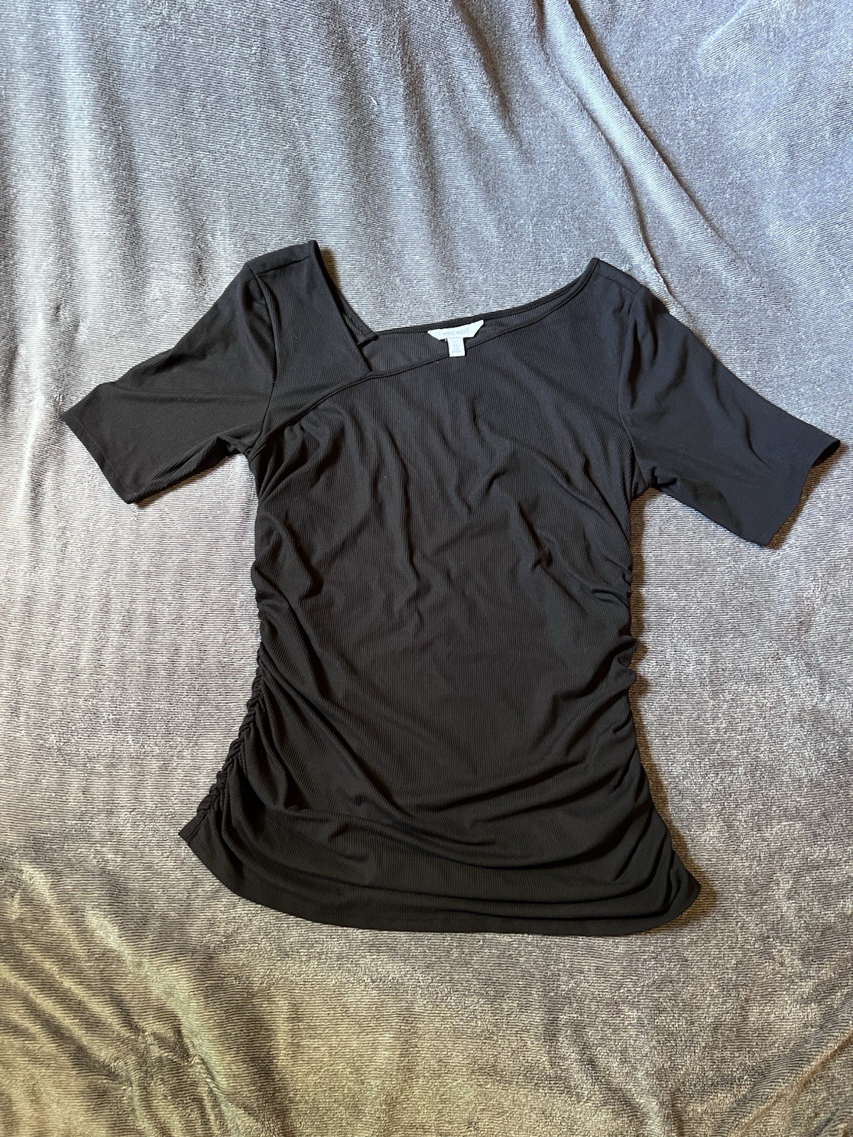 Nine West Black Ribbed Asymmetric Neckline Ruched Side Top Short Sleeve XL