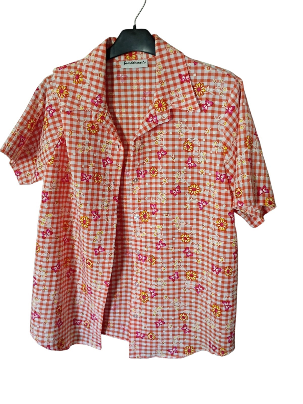 Vintage 90s Tumbleweeds Orange Gingham Floral & Butterfly Short Sleeve Button-Up