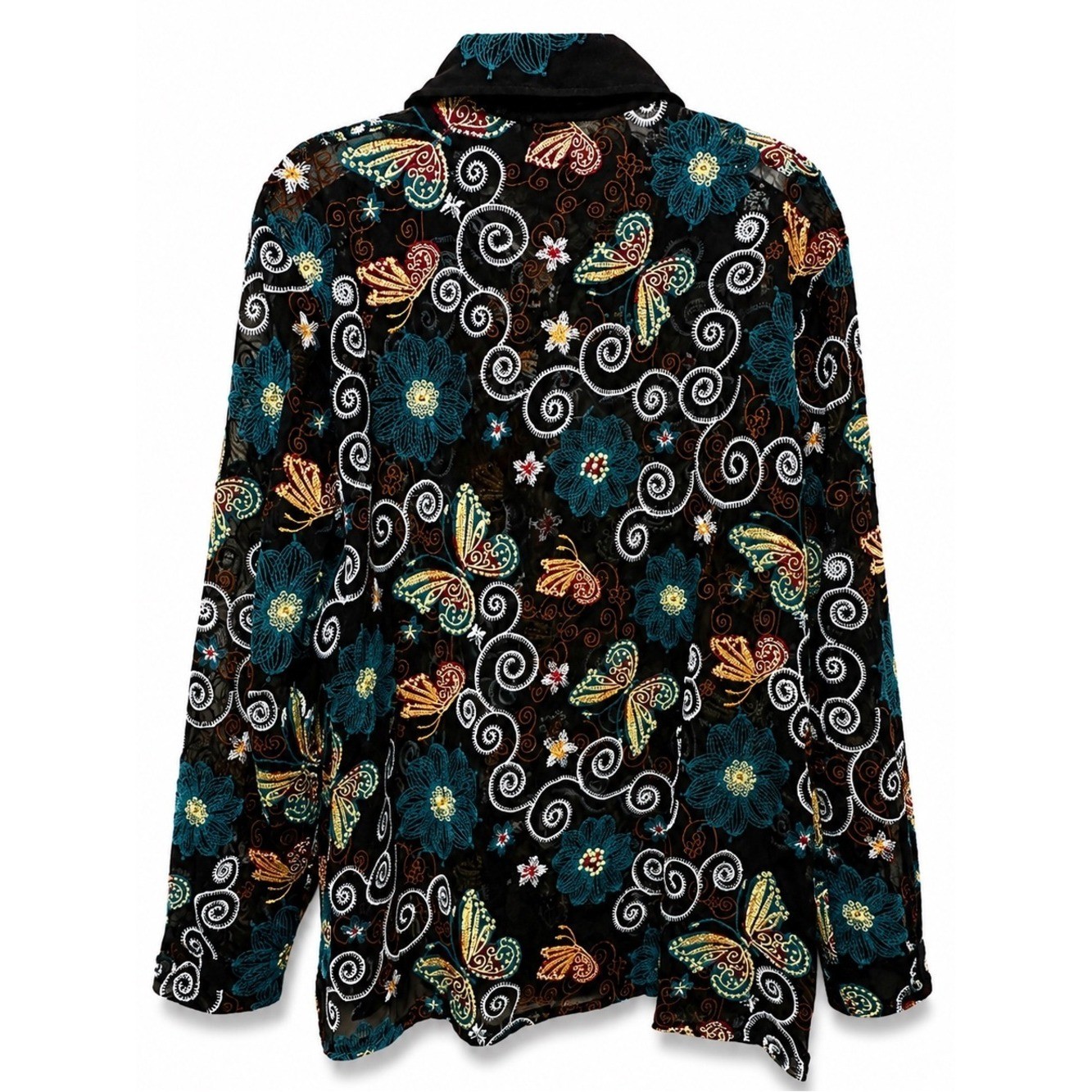 Women’s Sheer Embroidered Mesh Button Front Blouse Floral Butterfly Black M/L