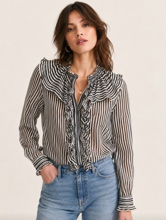 Sézane x Manoush Striped Ruffle Blouse Silk Cotton Black White 36