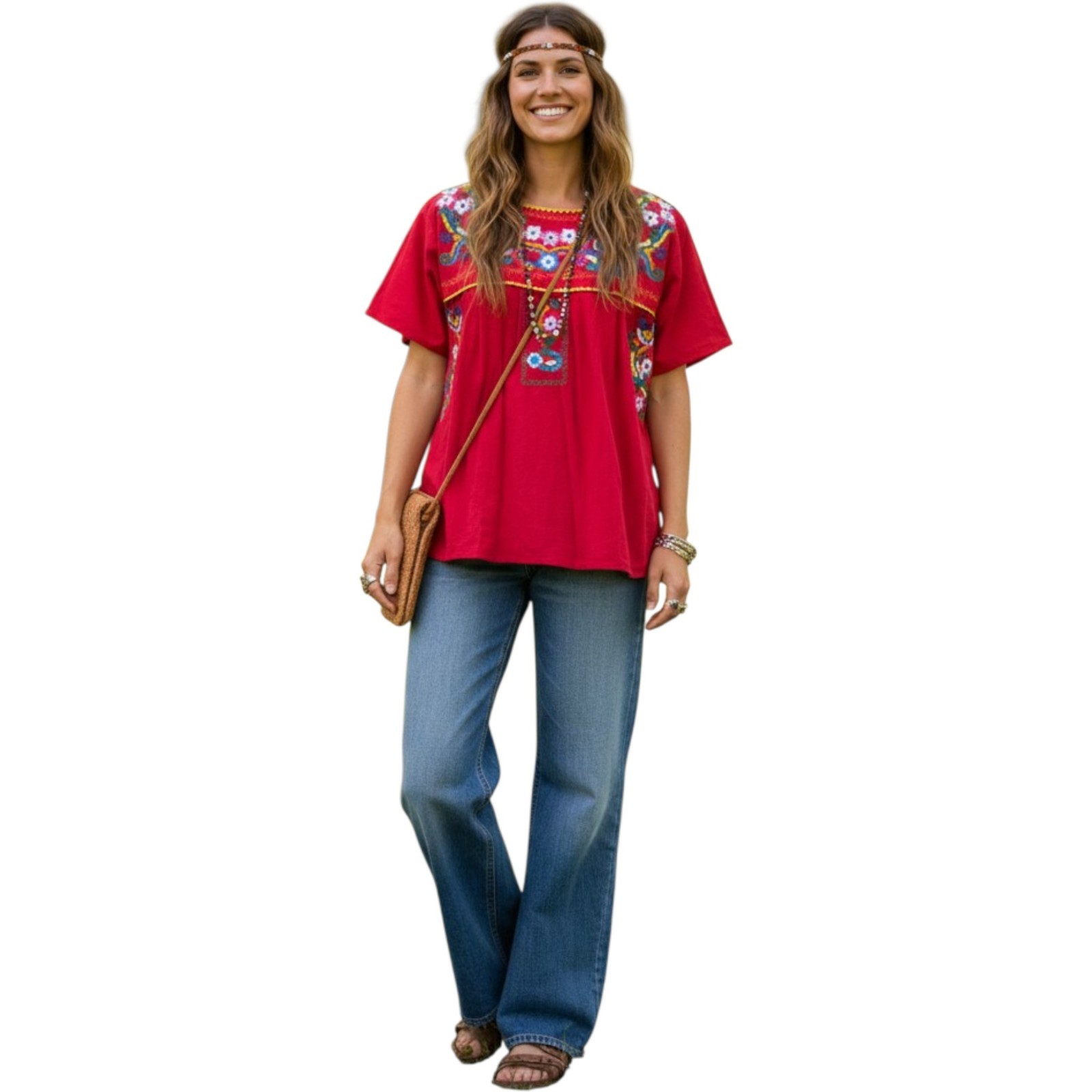 Women’s Red Floral Embroidered Peasant Blouse Boho Folk Art Cotton Hippie Top