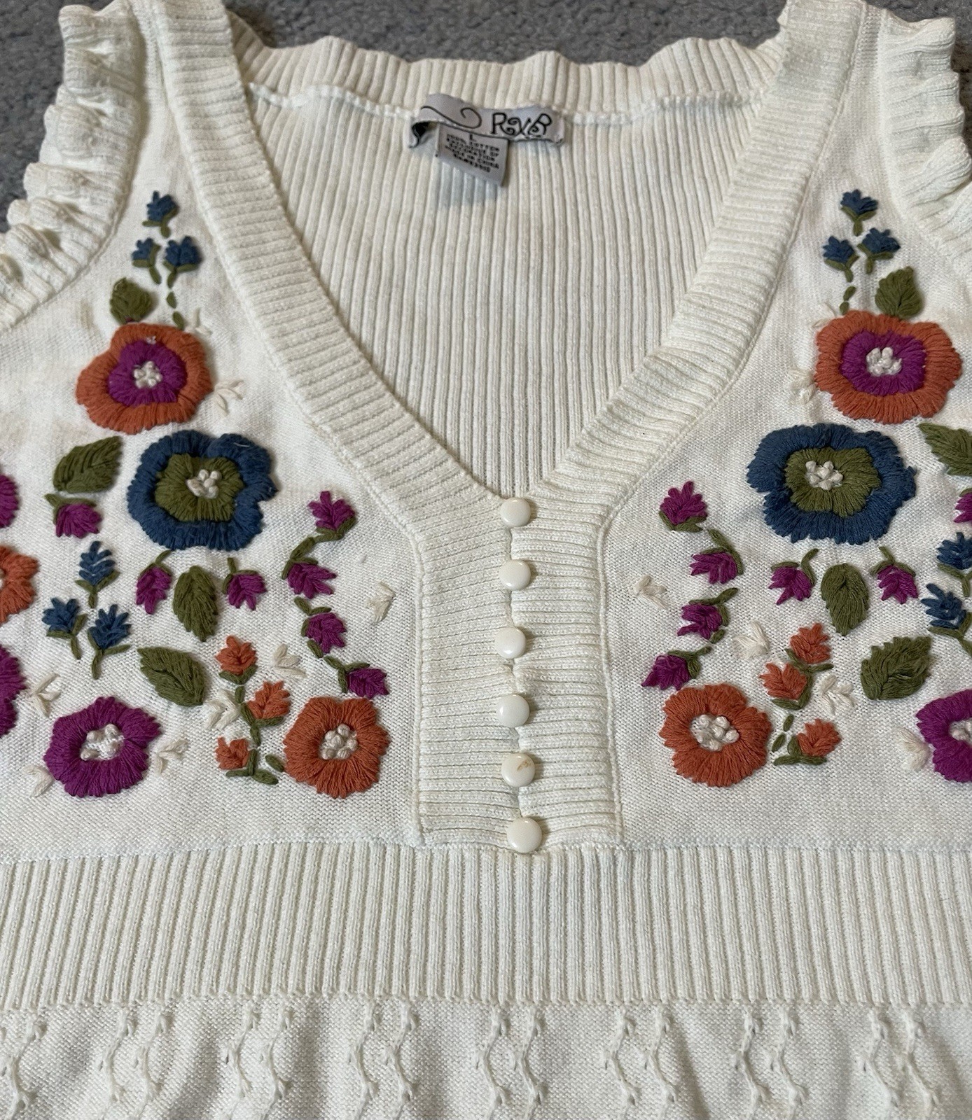 Y2K RXB Floral Embroidery A-Line Top L Orange Purple Knit Ruffles Buttons Boho