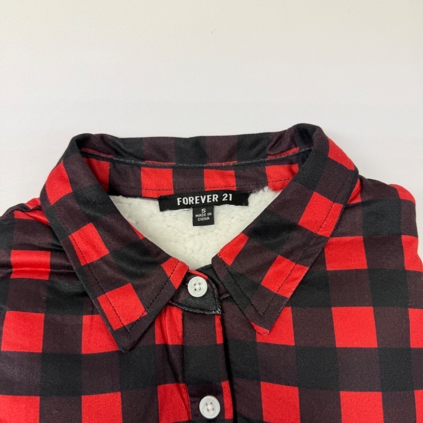 Forever 21 Red Black Buffalo Plaid Sherpa Lined Shirt Jacket size S