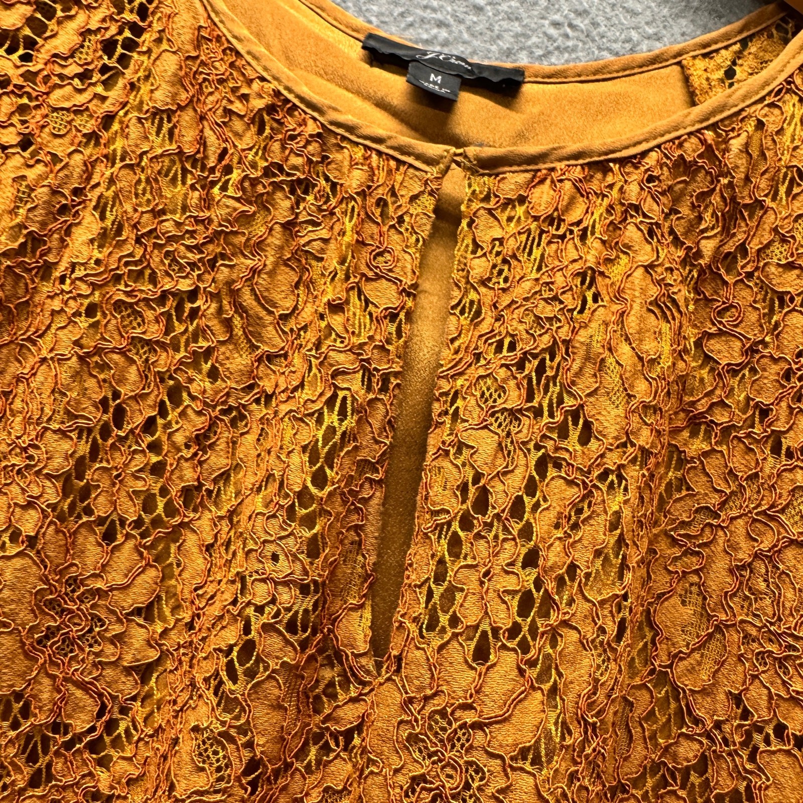 J Crew Blouse Lace Overlay Keyhole Front Copper Pullover Top Womens Medium