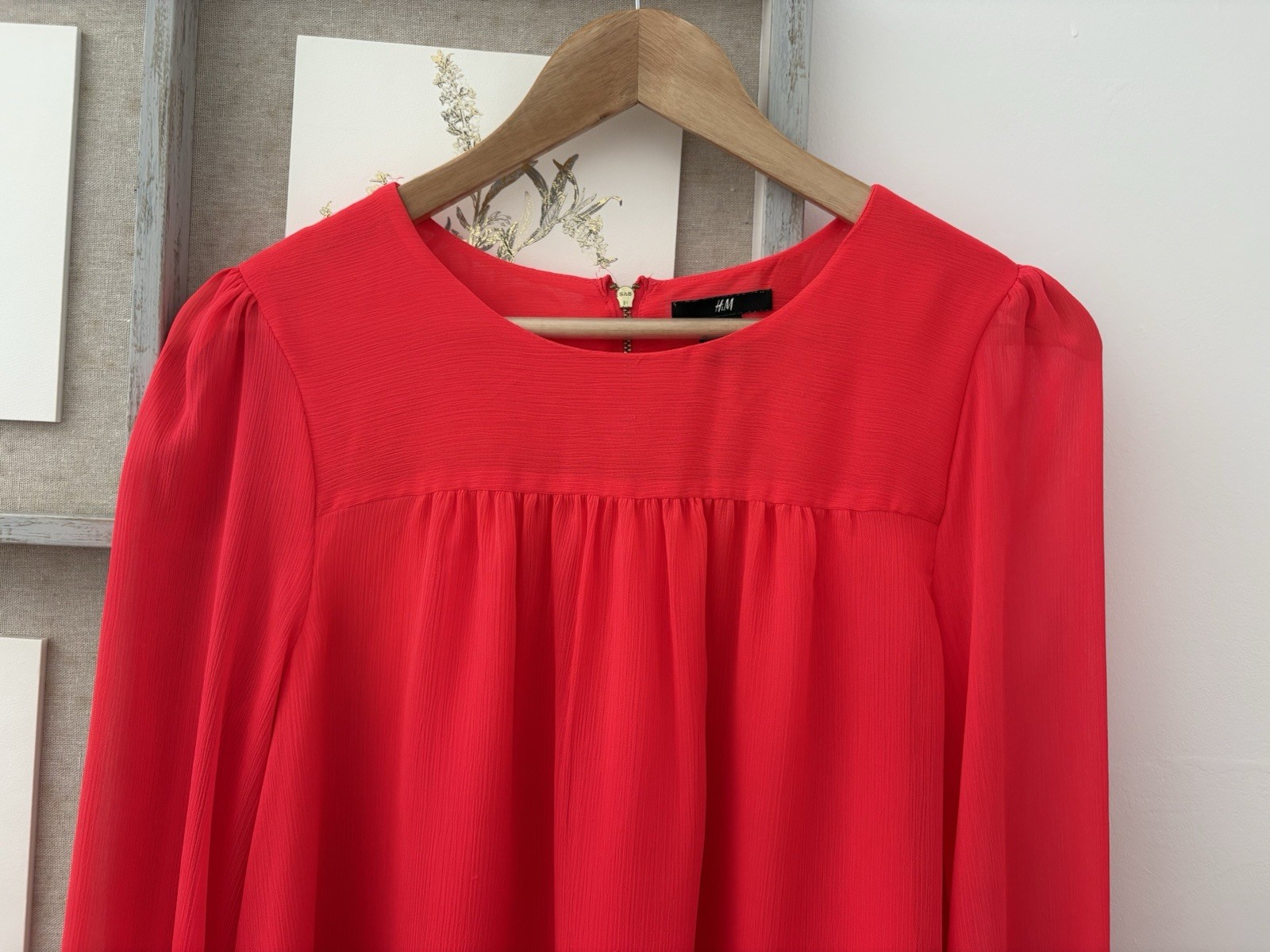 H&M Bright Red Chiffon Blouse Size EUR 34 UK 6 / 8 Long Puff Sleeve Smock Top